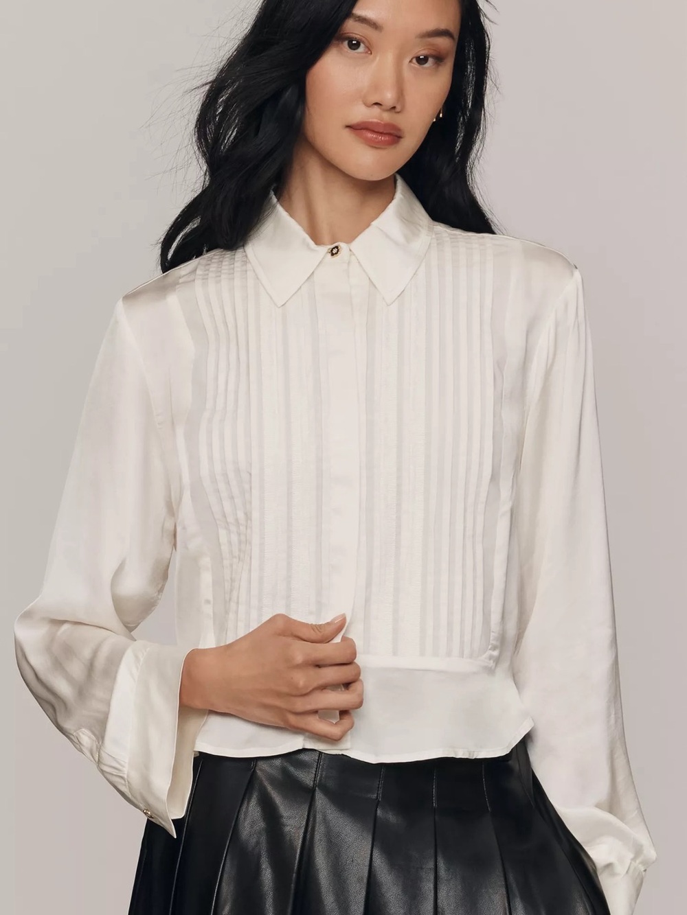Anthropologie Silky Long-Sleeve Pleated Blouse